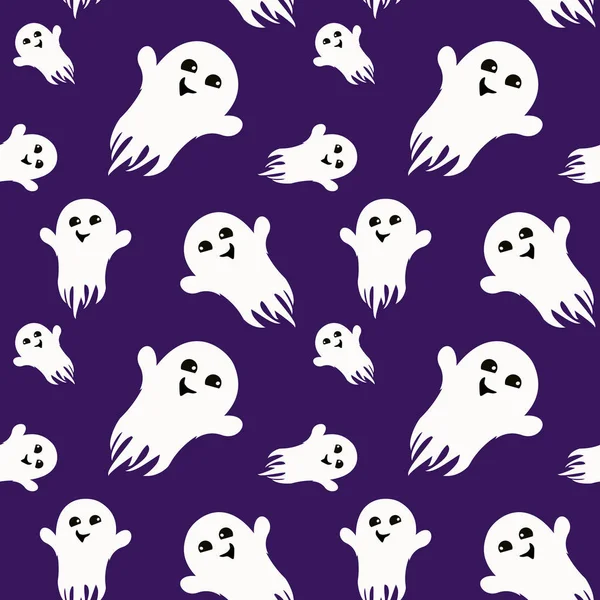 Vektormønster Halloween Temaet Smilende Spøkelse Med Mørk Lilla Bakgrunn – stockvektor