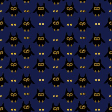  Cadılar Bayramı temasının vektör deseni. Koyu mavi arka planda yanan gözleri olan siyah baykuşlar.