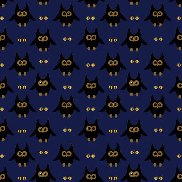 Vector Pattern Theme Halloween Black Owls Burning Eyes Dark Blue — Stock Vector