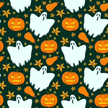  Cadılar Bayramı temasının vektör deseni. Sonbahar yaprakları ve koyu yeşil arka planda hayaletleri olan kızgın balkabağı.