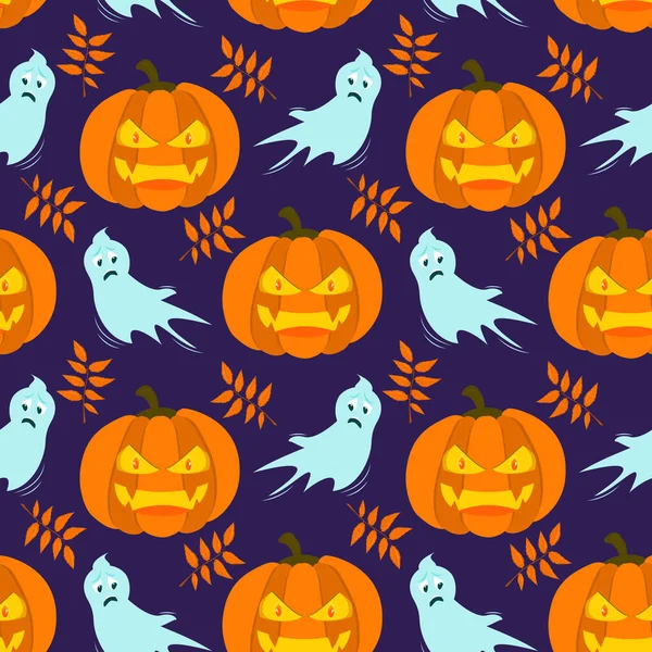 Patrón Vectores Sobre Tema Halloween Calabaza Enojada Con Hojas Otoño — Archivo Imágenes Vectoriales
