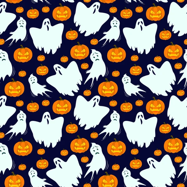 Patrón Vectores Sobre Tema Halloween Calabaza Enojada Con Fantasmas Sobre — Archivo Imágenes Vectoriales
