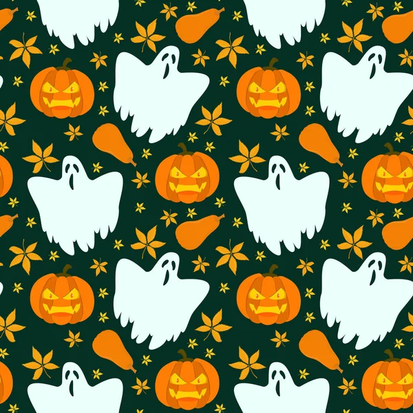 Patrón Vectores Sobre Tema Halloween Calabaza Enojada Con Hojas Otoño — Archivo Imágenes Vectoriales