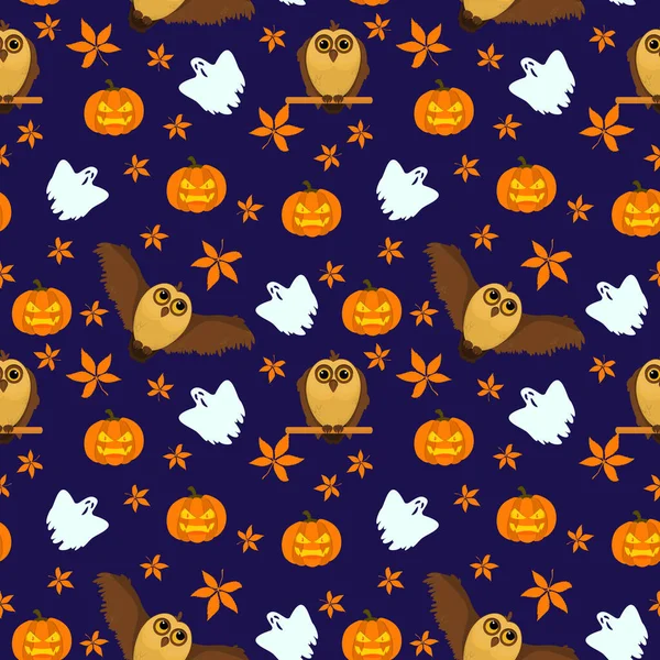 Patrón Vectorial Halloween Con Búhos Fantasmas Calabazas Sobre Fondo Oscuro — Archivo Imágenes Vectoriales