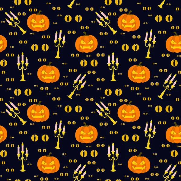 Patrón Vectorial Sobre Tema Halloween Con Calabazas Candelabros Ojos Brillantes — Archivo Imágenes Vectoriales