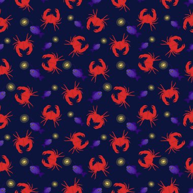  Koyu mavi arka planda yengeç ve balıkçı balıklı deniz vektör deseni