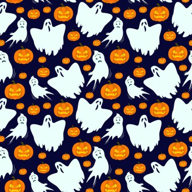  Cadılar Bayramı temasının vektör deseni. Koyu mor arka planda hayaletleri olan kızgın bir balkabağı.