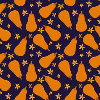  Koyu mavi arkaplanda kabak ve yapraklı sonbahar vektör deseni