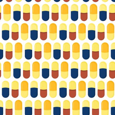  Sağlık hizmetleri konusunda vektör deseni. Beyaz arka planda ilaç içeren kapsüller