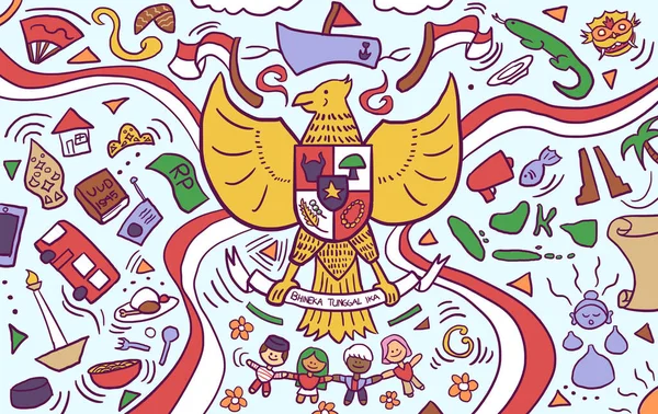 Rajzfilm Illusztráció Garuda Pancasila Más Indonézia Témájú Doodle Aranyos Színes — Stock Fotó