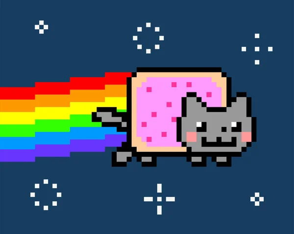 輝く星の間で虹を作成するスペースキャット ホットキャット 猫のミームベクトルイラスト — ストックベクタ