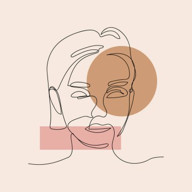 Sürekli minimalist bir yüz çizimi ve basit dünyevi renk şekli olan kadın yüzü. Vektör satırı resim illüstrasyonu posteri