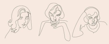 Set of woman face with continuous minimalist one line drawing isolated on light orange background. Vector line art illustration poster clipart