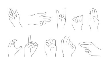 Beyaz arkaplanda izole edilmiş vektör çizgisi sanatında el hareketleri kümesi