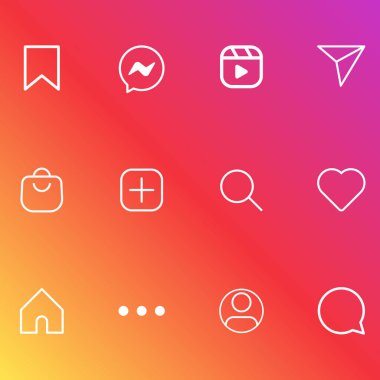Beyaz, sıcak bir arka planda izole edilmiş sosyal medya simgeleri. Popüler Instagram simgesi arayüzü. Web sitesi tasarımı için basit modern vektör değeri, mobil uygulama, ui. Vektör İllüstrasyonu