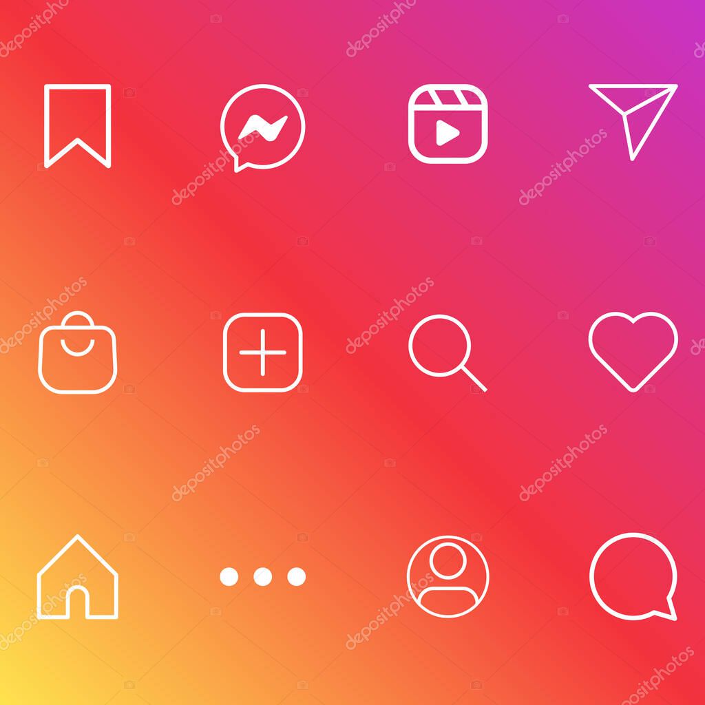 Set of social media icons isolated on white warm gradient background. Popular Instagram icon interface. Simple modern vector  asset for website design, mobile app, ui. Vector Illustration