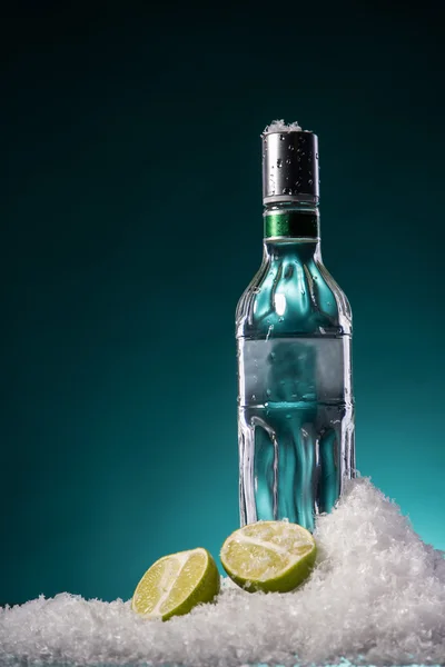 Бутылка водки и ломтик лайма — стоковое фото