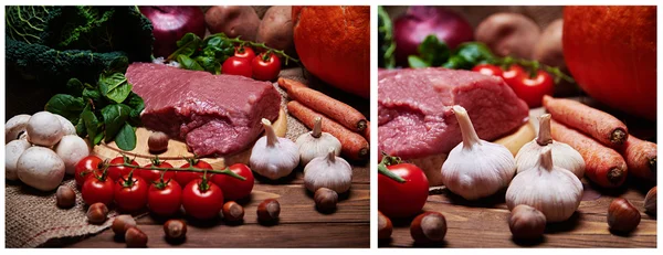 Las hortalizas frescas y la carne cruda al saqueo Fotos De Stock