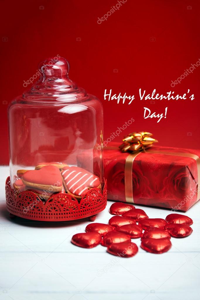 Presents on Valentines Day on a white wooden background
