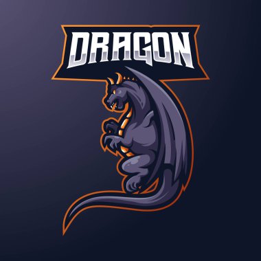 Rozet, amblem ve tişört baskısı için modern illüstrasyon konsepti tarzına sahip ejderha maskotu logo tasarımı vektörü