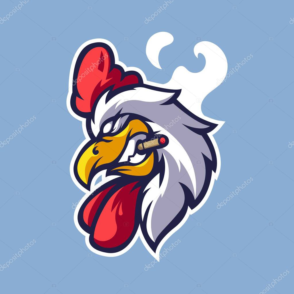 A chicken sucks cigarettes cartoon mascot logo illustration