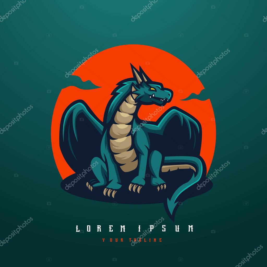 Dragon mascot logo design vector with modern illustration concept style for badge, emblem and t-shirt printing. Dragon illustration with sun background