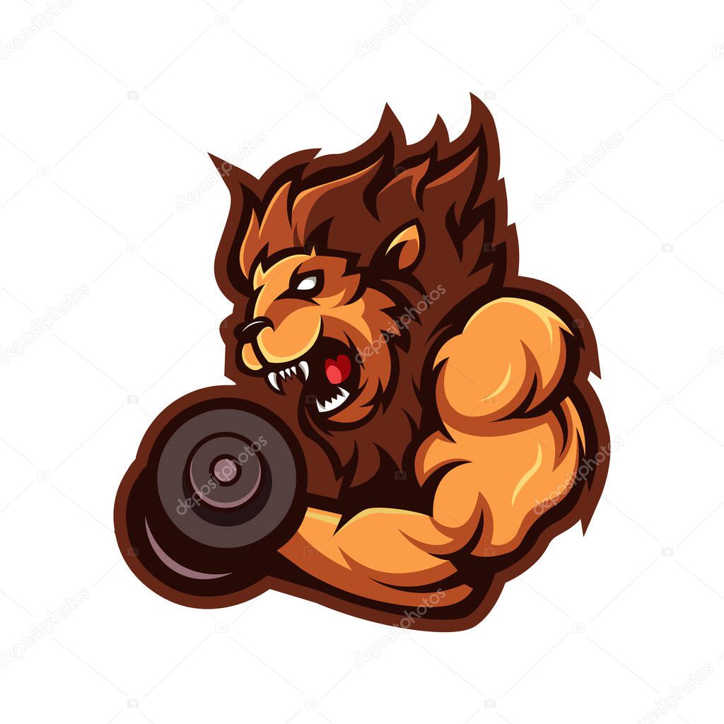 Lion lifting dumbbells sport mascot logo design illustration vector isolated on white background