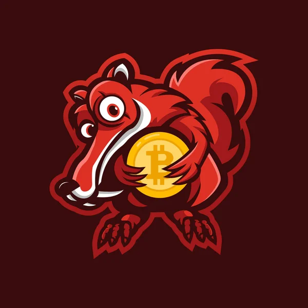 Squirrel Holding Bitcoin Mascot Logo Design Illustration Vector — Stock Vector