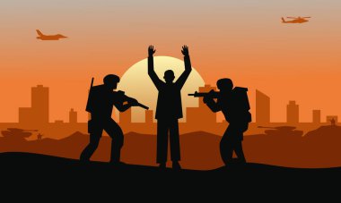 Ordunun bir başkanı tutukladığı görüntüsü. Askeri vektör çizimi, ordu geçmişi, asker silueti, topçu, süvari, savaş uçağı.