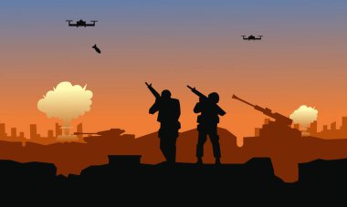 İHA saldırısı, savaş vektör çizimi, asker geçmişi, asker silueti, Topçu, Süvari, Tank, Savaş uçağı.