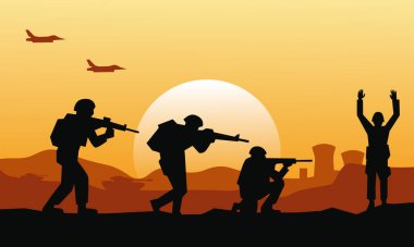 Pusu, teslim olan askerler, siluet tarzı savaş illüstrasyonu, asker geçmişi, asker silueti, topçu, süvari, tank, savaş uçağı.