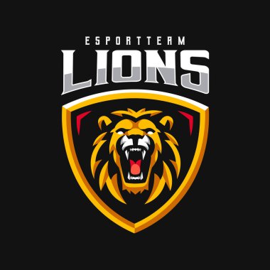 Kızgın aslan spor, esportlar ve oyun takımı için maskot logosu kükrüyor.
