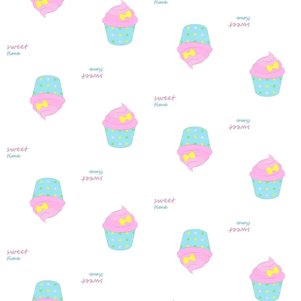 Seamless Pattern Sweet Time Cupcakes Pink Cream Text White Background — Stock Vector