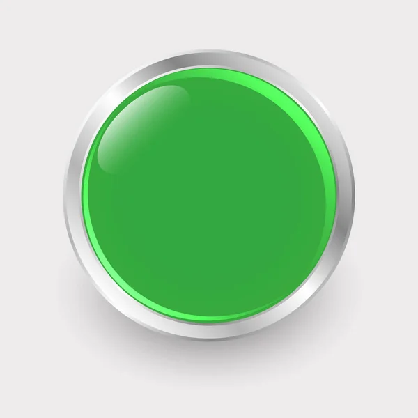 Green Button Lens Flare Effect Chrome Border Green Silver Colors — Stock Vector