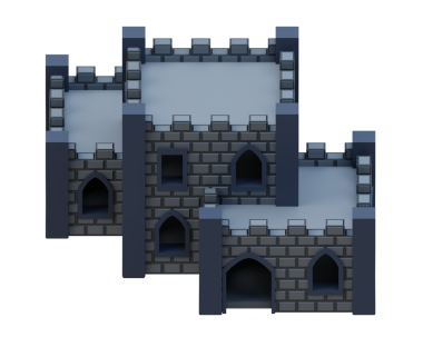 Gri tuğlalı ortaçağ binası, izometrik ön stil kale. 3d oluşturma.