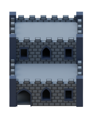 Gri tuğlalı ortaçağ binası, izometrik ön stil kale. 3d oluşturma.