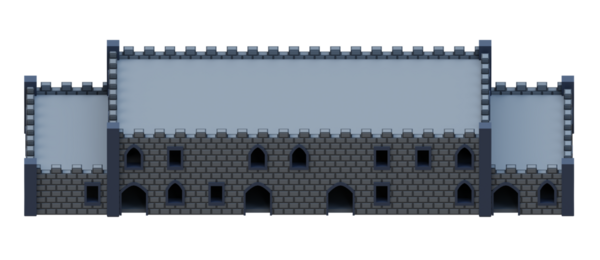 Серое кирпичное средневековое здание изометрического фасада крепости. 3d-рендеринг.