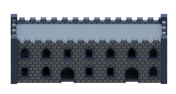 Серое кирпичное средневековое здание изометрического фасада крепости. 3d-рендеринг.