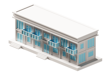 Mavi kapı ve pencere binası izometrik. 3d oluşturma.