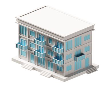 Mavi kapı ve pencere binası izometrik. 3d oluşturma.