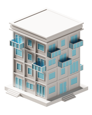 Mavi kapı ve pencere binası izometrik. 3d oluşturma.