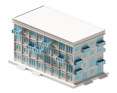 Mavi kapı ve pencere binası izometrik. 3d oluşturma.
