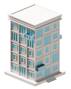 Mavi kapı ve pencere binası izometrik. 3d oluşturma.