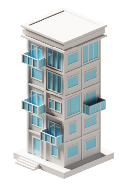 Mavi kapı ve pencere binası izometrik. 3d oluşturma.