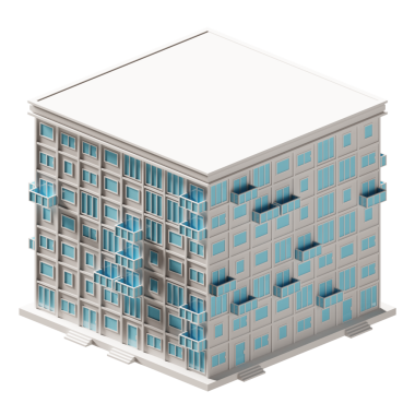 Mavi kapı ve pencere binası izometrik. 3d oluşturma.