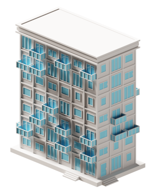 Mavi kapı ve pencere binası izometrik. 3d oluşturma.