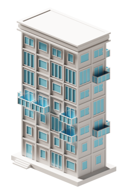 Mavi kapı ve pencere binası izometrik. 3d oluşturma.