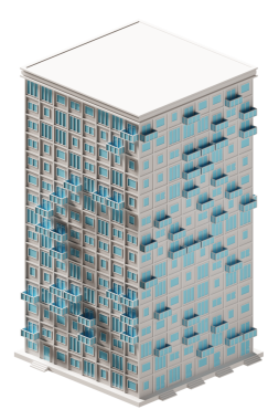 Mavi kapı ve pencere binası izometrik. 3d oluşturma.
