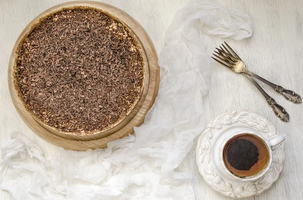 Caramel cheesecake with chocolate for breakfast or birthday — Stock Photo, Image