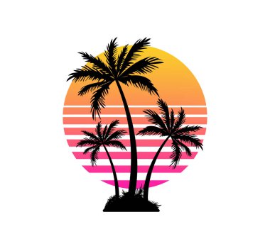 Palmiye ağaçları ve günbatımı. Yaz tatili ve seyahat konsepti. Logo ya da tişört tasarımı.